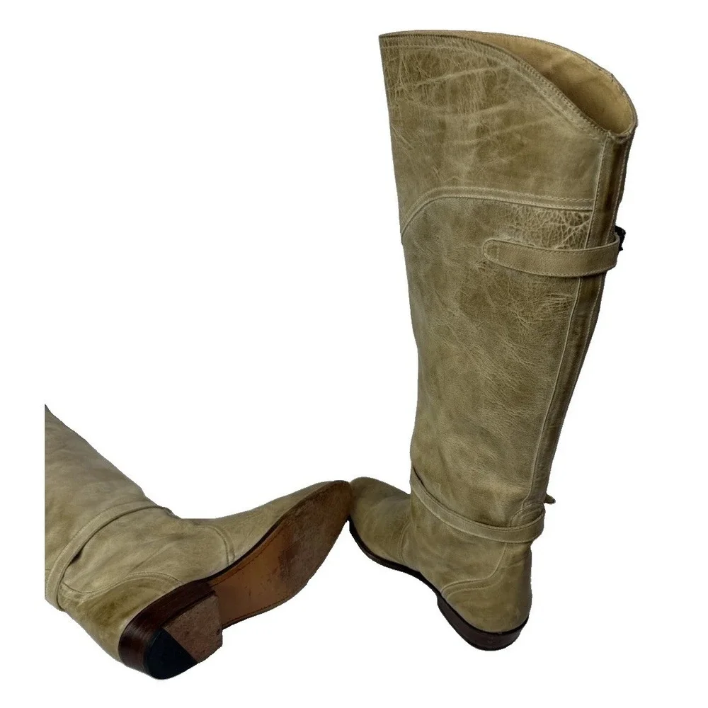 FRYE Dorado Tall Knee Riding Boots  Cream Tan Leather Buckle 77559 Women's Sz 9